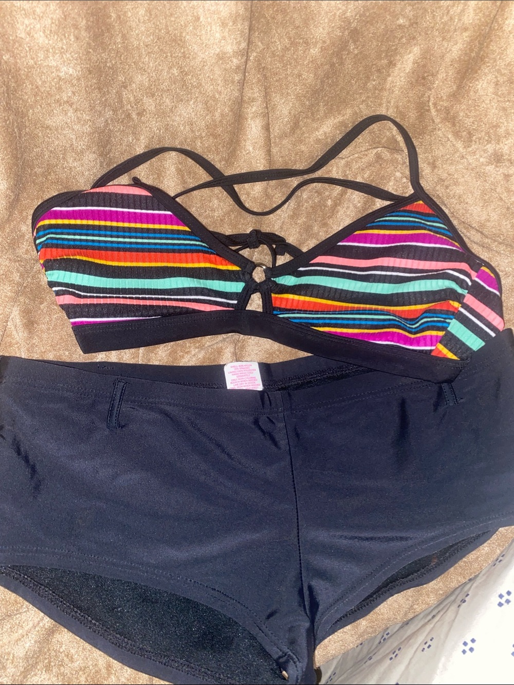 Bikini Top & Bottom Medium Rainbow Stripe Halter Swim Festival Beach Y2K BOHO